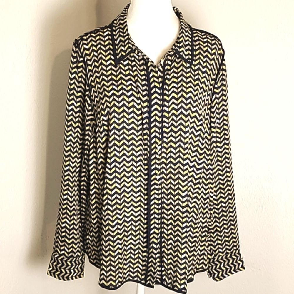 Tommy Hilfiger Navy Blue & Yellow Chevron Blouse, Size Large